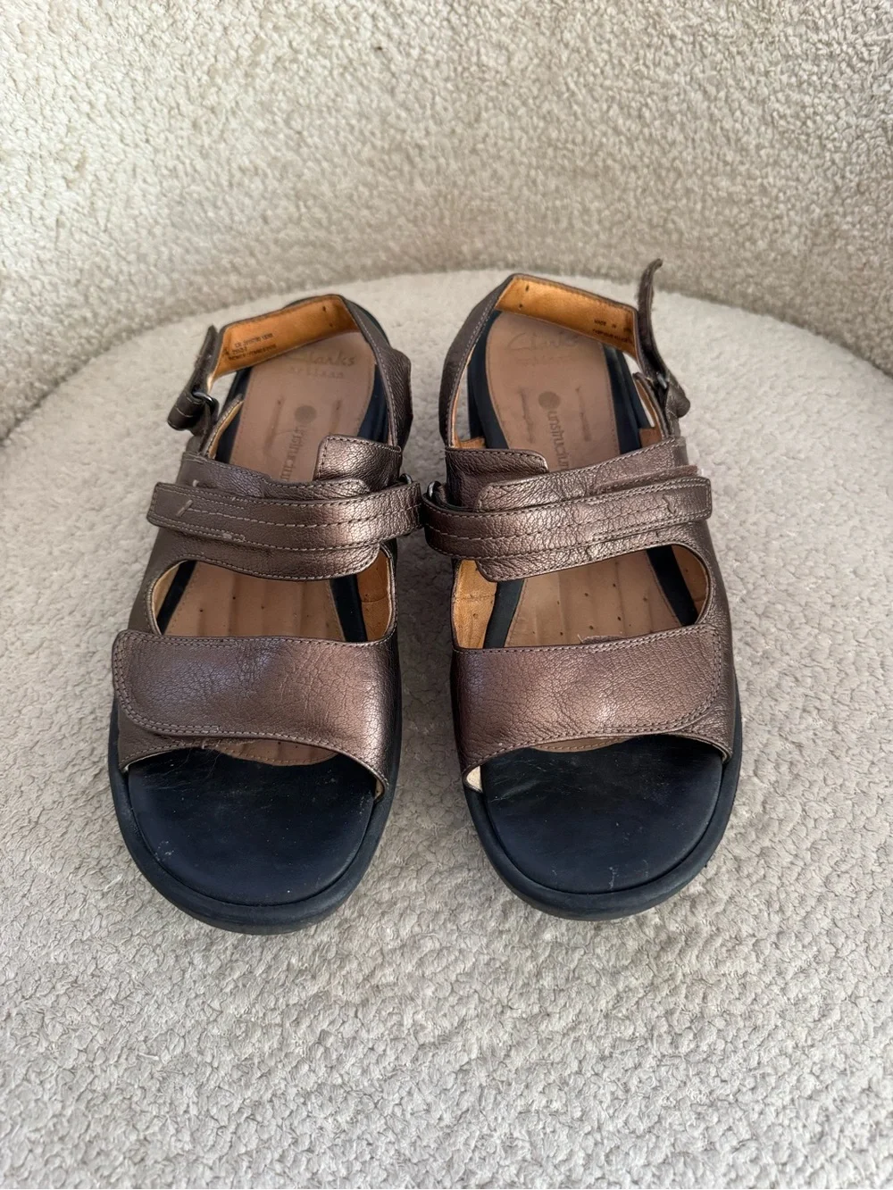 Clarks Unstructured Women’s Leather Comfort Sandals Bronze Metallic Size 10 Wide